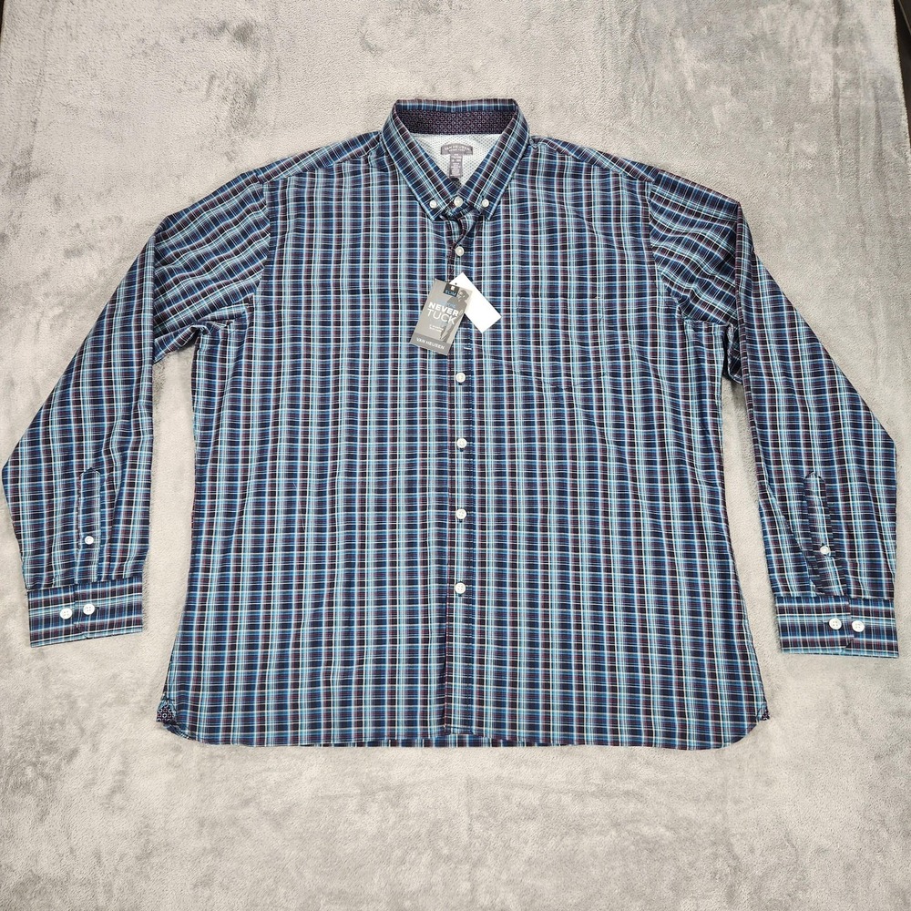 Van Heusen Shirt Mens 2XL Blue Plaid Never Tuck Slim Fit Long Sleeve Button Down
